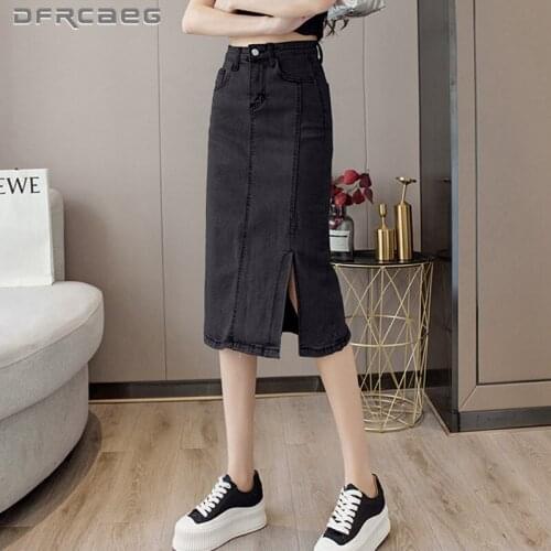 High Waist Knee Length Jeans Pencil Skirt For Woman 2021 Summer Sexy Split Slim Denim Skirts Denim Female Light Blue