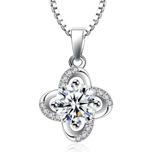 100% 925 sterling silver rose flower shiny crystal pendant necklaces for women box chain jewelry gift wholesale drop shipping