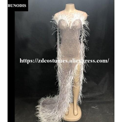 ZD418 Women Sexy Net Yarn Long Skirt Full Small White Feather Sparkling Crystals Nightclub Party Stage Wear Singer Bling