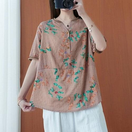 Women Summer Cotton Linen Loose Casual T-shirts New Arrival 2021 Arts Style Vintage V-neck Floral Print Female Tops Tees B249