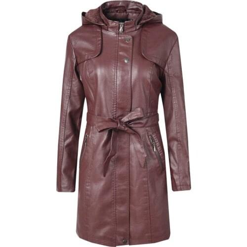 Women Overcoat Winter Girls Brown Hooded Jacket PU Leather Female Top Coat Long Sleeve Lady Thick Warm Faux Leather Windbreaker