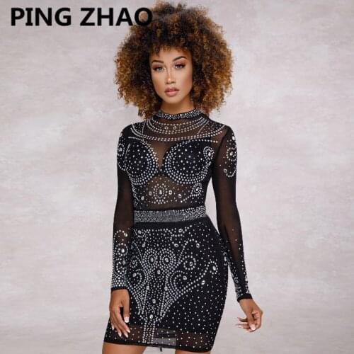 PING ZHAO 2021 Autumn See-through Mesh Diamonds Dress Women Sexy Club Party Night Elastic Mini Dresses