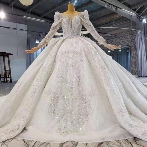 Sparkly Silver Sequined Appliques Ball Gown Wedding Dresses Long Sleeves Brdal Dress Vestidos De Wedding Gown