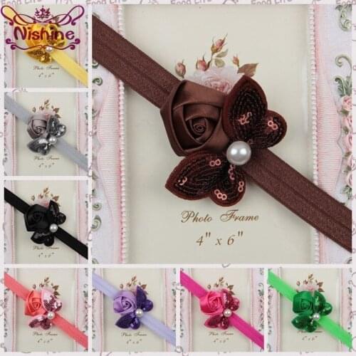 Nishine 12 Colors Rose Flower Bow Newborn Headband Sequin Bow Elastic Kids Hairband Girls Headwear Decor Accessories