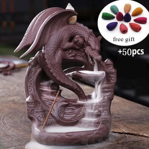Ceramic Dragon Backflow Incense Burner Smoke Incense Waterfall Censer Dragon Incense Stick Holder Home Decor + 50pcs Cones