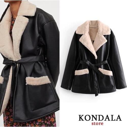 KONDALA Za 2020 Fashion Women Winter Thicken Warm Faux Leather Jackets Belt Flat Collar Imitation Wool Lining Jackets Parkas