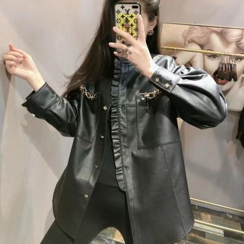 Womens Jacket 2021 New Arrival Genuine Leather Coat Plus Size Loose Style Curve Bottom Female Overcoat O-Neck