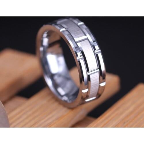 Fashion 8MM Mens Silver Titanium Steel Ring Brick Pattern Brushed Double Groove Engagement Ring Mens Wedding Party Jewelry