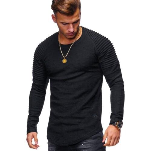 2020 New Fashion Mens Round Neck Slim Solid Color Long-sleeved T-shirt Striped Fold Raglan Sleeve Style T shirt Men Tops Tees