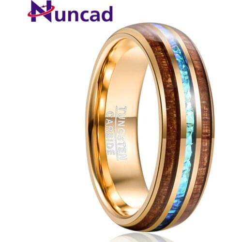 Nuncad Hawaiian Koa Wood Ring 6MM Engagement Men Gift Electroplated Gold Inlaid Acacia Imitation Opal Dome Tungsten Carbide Ring