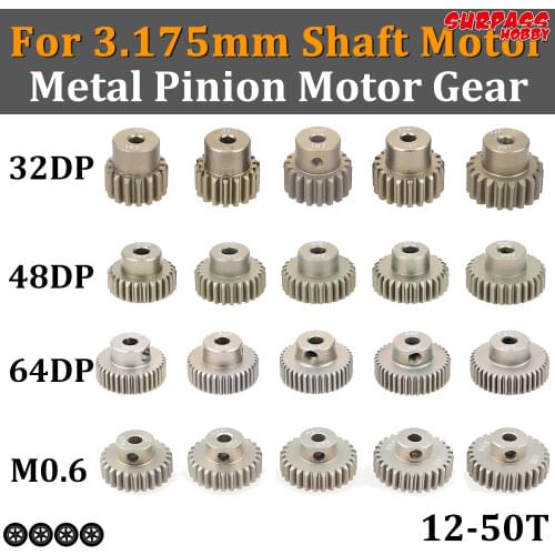 SURPASS HOBBY 5PCS 3.175mm Shaft Metal Pinion Motor Gear 32DP 48DP 64DP M0.6 12-50T for 1/10 1/8 RC Car Motor 3650 3660 Traxxas