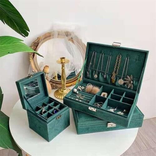 High Quality Dark Green Flannel Jewelry Box Exquisite Necklace Earring, Bracelet Ring Jewelry Box Portable Dustproof Storage Box