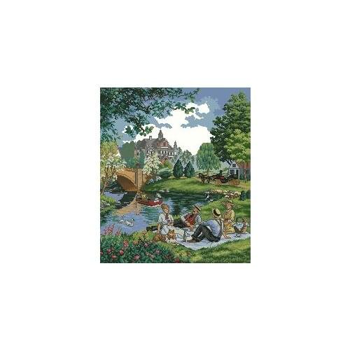 Top Quality Beautiful Lovely Counted Cross Stitch Kit Picnic On The Lawn Park Countryside Lake dim 35065