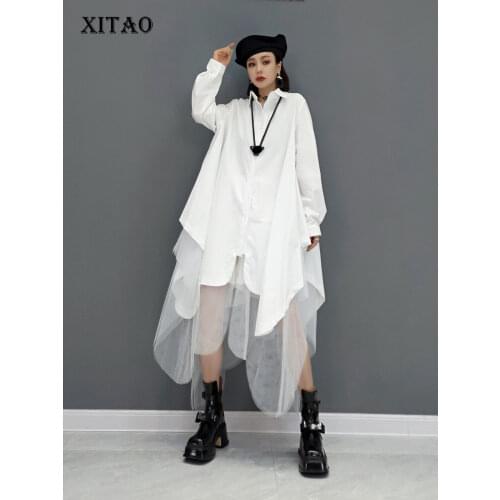 XITAO Mesh Blouse Fashion Irregular White Black Pleated Goddess Fan 2021 Autumn Minority Loose Elegant Shirt Top ZYQ2040