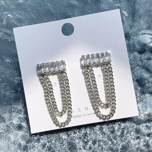 VSnow Bling Bling Square Cubic Zircon Geometrical Dangle Earring for Women Temperament Long Tassel Metal Chain Earring Jewelry