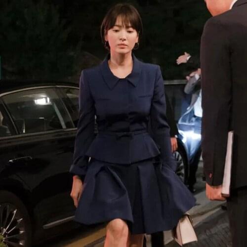 High Quality Autumn Casual Party Workplace Navy Blue Jacket Suit Mini Half Skirt Vintage Elegant Chic Two-piece Set Womens Sets