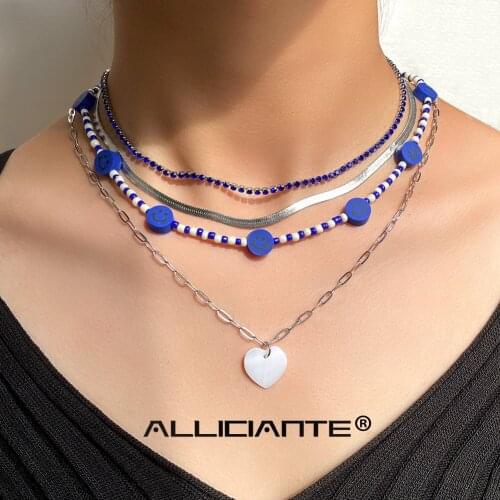 Boho Layered Heart Charm Blue Smiley Beaded Necklace For Women Silver Color Flat Snake Chain Crystal Choker Hip Pop Y2K Jewelry