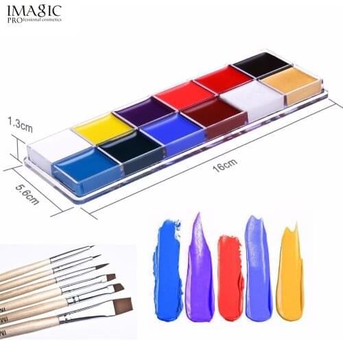 12 Colors Flash Tattoo Face Body Paint with Imagic Brushes Oil Painting Art for Halloween Party Fancy Dress Beauty Makeup Tool E