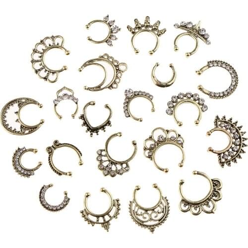 21 Pieces women fashion Nose Ring lady Crystal Fake Septum Clicker Non-piercing Gold clicker fake septum For Women Body Clip