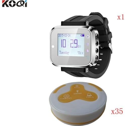 Wireless Cafe Pager System New Arrival Vibrate Watch Pager K-300plus & Small Silicone Key Case Call Button(1 watch+ 35 caller)