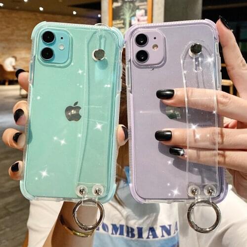 Glitter Powder Phone Case For iPhone 12 11 Pro Max XR XS Max X 7 8 Plus SE2020 Shining Transparent Soft Wrist Strap Back Cover