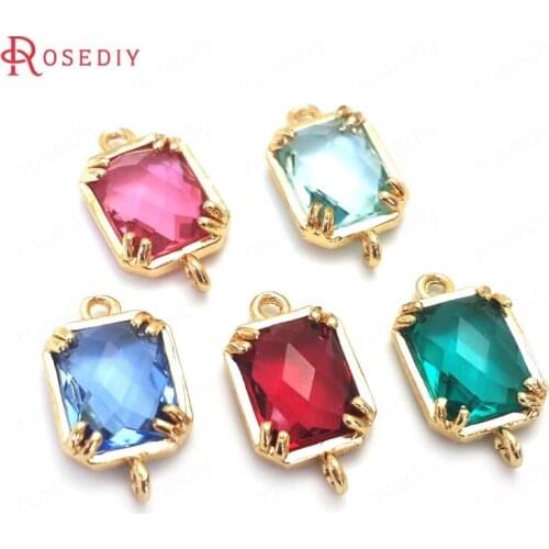 C592)10 pieces 9x16mm 24K Champagne Gold Color Brass and Glass 2 Holes Rectangle Connect Charms Pendants Findings Accessories
