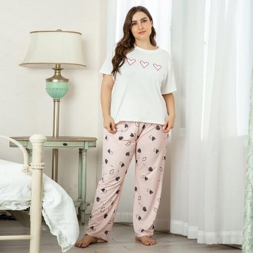 DOIB Women Plus Size Pajamas Set Love Heart T-Shirt+Print Trousers Large Size Homewear Two Pieces Set Nightwear Female Sleepwear