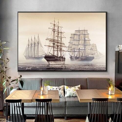 Natural Abstract Boat Landscape Oil Painting on Canvas Cuadros Mediterran Posters and Prints Wall Art Picture for Living Room