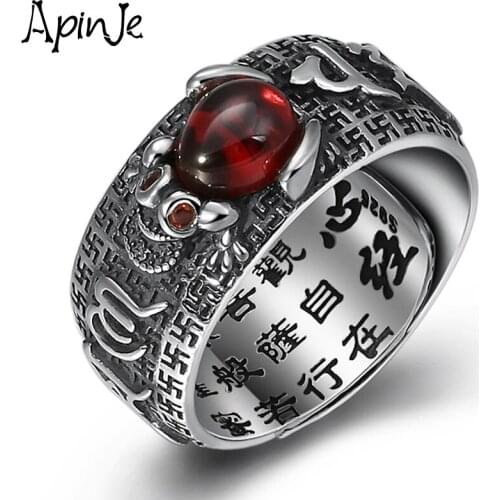 Apinje Thai Silver Garnet Ring 925 Sterling Silver Men Women Buddhism Jin Chan Pixiu Heart Sutra Adjustable Fashion Open Ring