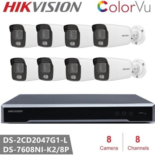 Hikvision Video Surveillance Kits DS-2CD2047G1-L 4MP ColorVu Fixed Mini Bullet Network Camera 24/7 Full Color Imaging