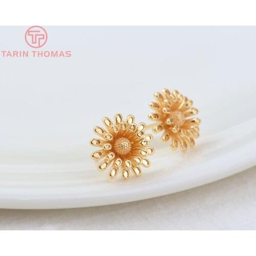 4PCS 12MM 24K Gold Color Brass Flower Stud Earrings High Quality Jewelry Making Findings Accessories