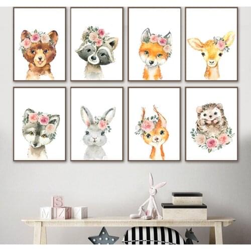 Bear rabbit fox Deer Wolf Raccoon Safari Nursery Wall Art Canvas Painting Posters And Prints Wall Pictures Baby Girl Room Decor