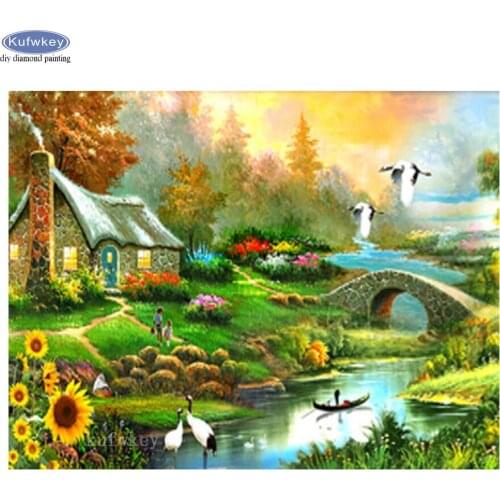 5D Full Square round Drill Diamond Embroidery House Garden Bird Scenery Diy Diamond Painting Cross Stitch Kit Mosaic Home Decor