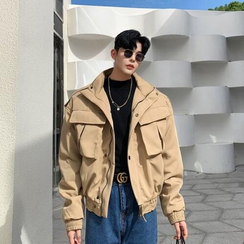New Winter Jacket Men Short-Length Heavy Big Pocket Cargo Outerwear Khaki Black Ribbed Hem Windbreakers Motorcycle Thick Tops