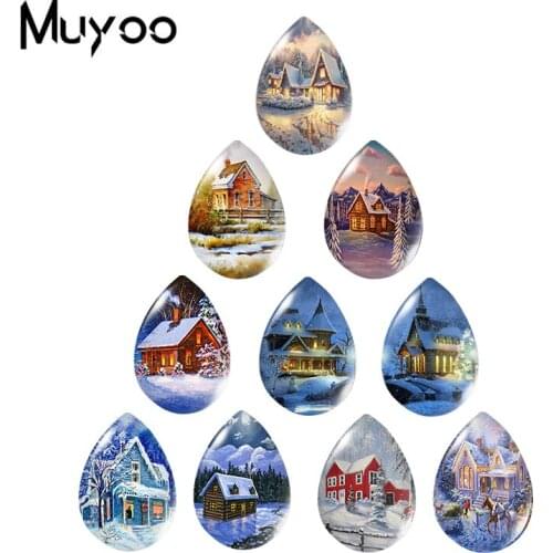 2020 New Snow House Painting Tear Drop Glass Cabochon Winter Building Photo Jewelry Handcraft DIY Accessories