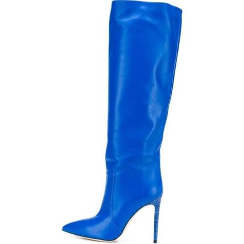 New Fashion Boots Women Genuine Leather Pointed Toe Thin Heels Knee-high Boot Blue Color Rome Shoes Woman Zapatos De Mujer