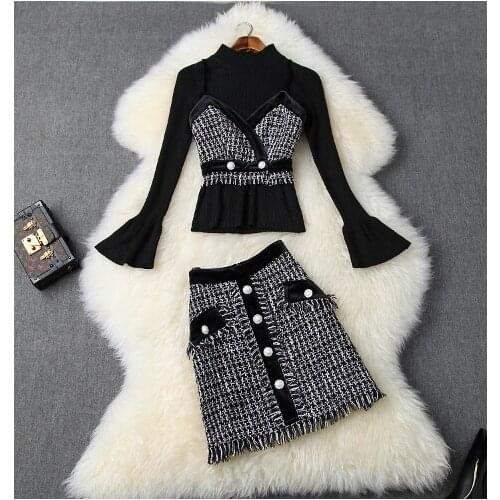 Autumn and winter womens trumpet sleeves slim sweater + tweed sling + fringed skirt three setsT3721