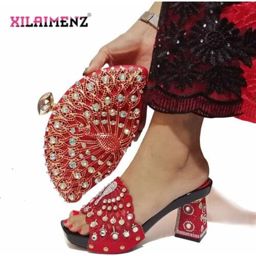 Peacock Design Autumn New Arrivals African Shoes and Bag Set Decorate with Rhinestone 9 CM Super High Slipper for Party