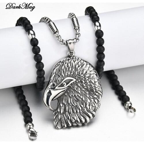 DarkMag Punk Animal Eagle Pendant Necklace For Men Male Stainless Steel black Beads Rosary Necklace
