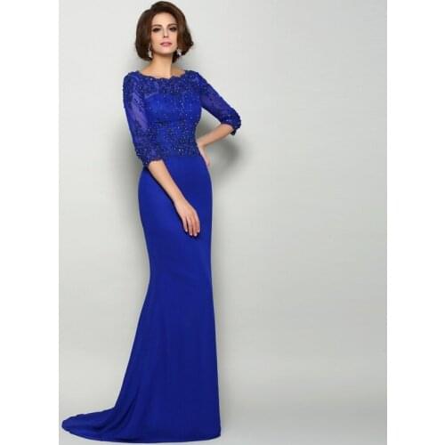 On Sale Blue Elegant Lace Applique Top Mother of the Bride Dresses Jewel Neck Three Quarter Sleeve Beads Wedding Party Gowns
