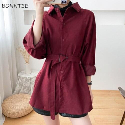 Shirts Women Chic Retro Sashes Trendy Elegant OL Ladies Clothing Vintage Korean Popular Loose Simple Pure Female Tops Blusas Ins