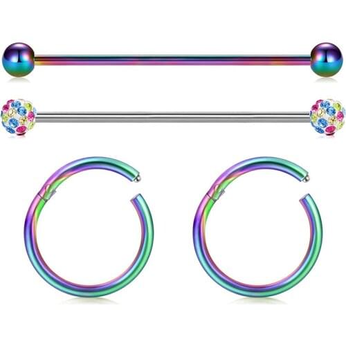 14G Industrial Barbell Piercing Stainless Steel Cartilage Helix Conch Lip Nose Earrings Piercing 16mm 38mm Rainbow