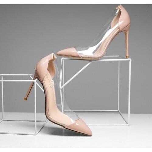 Free shipping fashion women Pumps nude patent leather clear Pointy toe high heels pearls shoes brand new with box 10cm 8cm