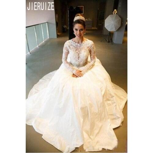 JIERUIZE Vintage Wedding Dresses Long Sleeves Jewel Neck Beading Sash Lace Up Back A Line Sheer Bridal Gowns robe de mariee