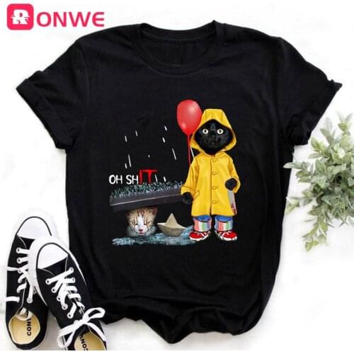 Women Funny Black Cat Print Tshirt Girl Harajuku Casual White Top Tees Female 90s Clothes,Drop Shipping