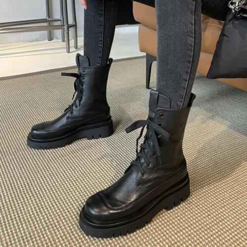 Female Genuine Leather Shoes Lace-up British Style Women Boots 2021 New Autumn Winter Handmade Fashion All-match Platform Boots