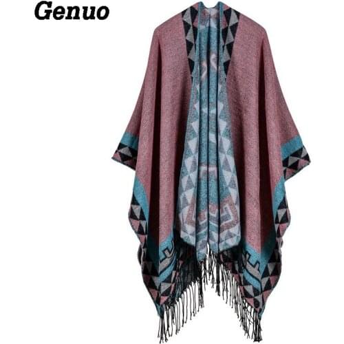 Genuo Oversized Sweater Cardigan Elegant Women Cashmere Shawl Geometric Tassel Knitted Cardigan Cape Poncho Shawl Women Lady Top