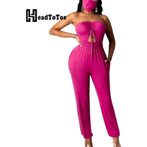 Solid Sexy Strapless Cutout Drawstring Rompers Womens Jumpsuit with Face Mask Pockets Design Skinny Jumpsuit Overalls
