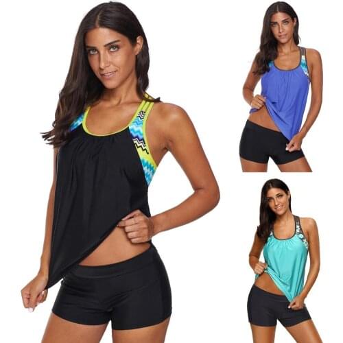Two Pieces Swimsuit Women Push Print Insert Racerback Tankini Set Top with Shorts Bikini Female Beach Swimwear