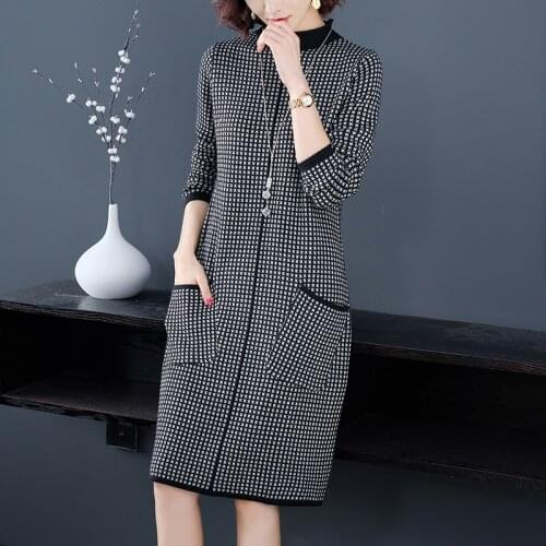 Winter Vintage Casual Plaid Midi Cashmere Sweater Dress 2021 Autumn 3XL Plus Size Long Sleeve Elegant Bodycon Womens Turtleneck